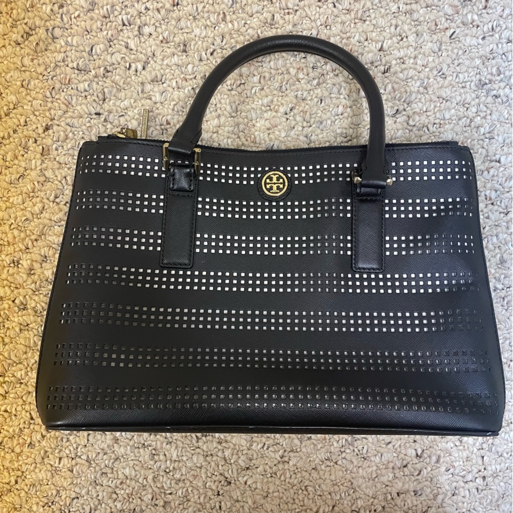 Tory Burch Black and White Cut Out Hand Bag